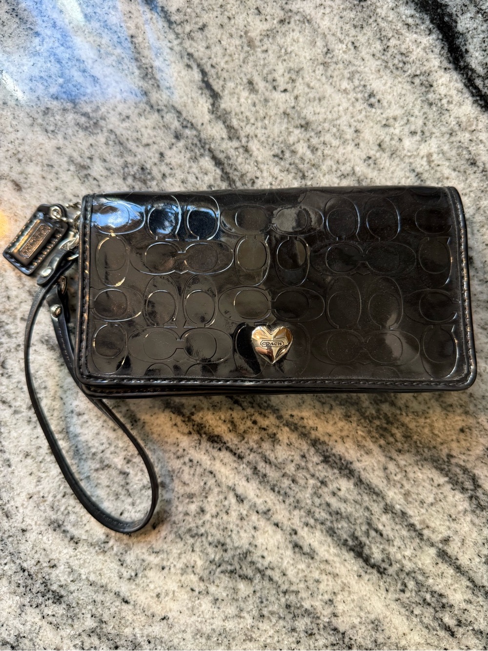 Coach Black Patent Leather Signature Wristlet Phone Case with Heart Accent